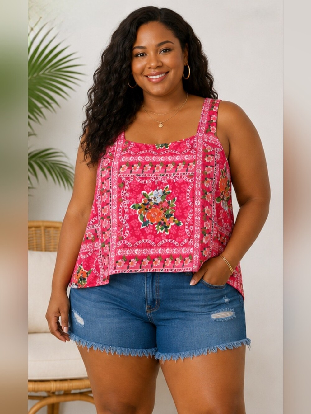 LC Lauren Conrad Pink Floral Cottagecore Button-Back Tank Top – Plus Size 2X